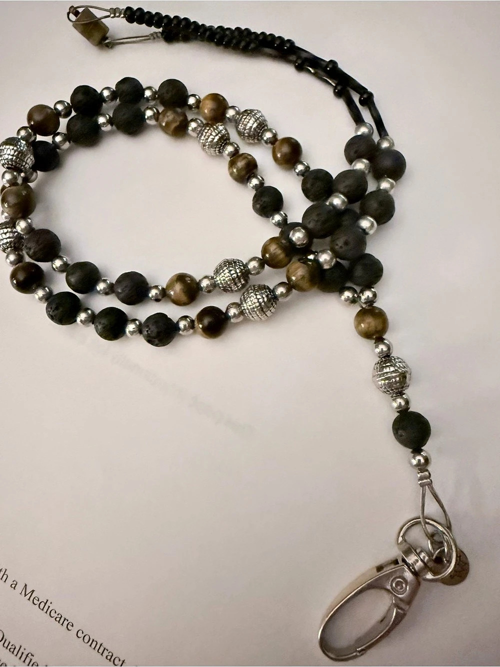 Tiger Eye Beaded Lanyard in Silver, Black & Brown